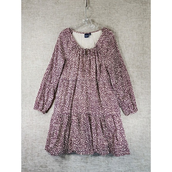 GAP Dresses & Skirts - Gap Boho Tiered Cotton Gauze Dress Womens MT Tall Purple Cream Splotch Tie Neck